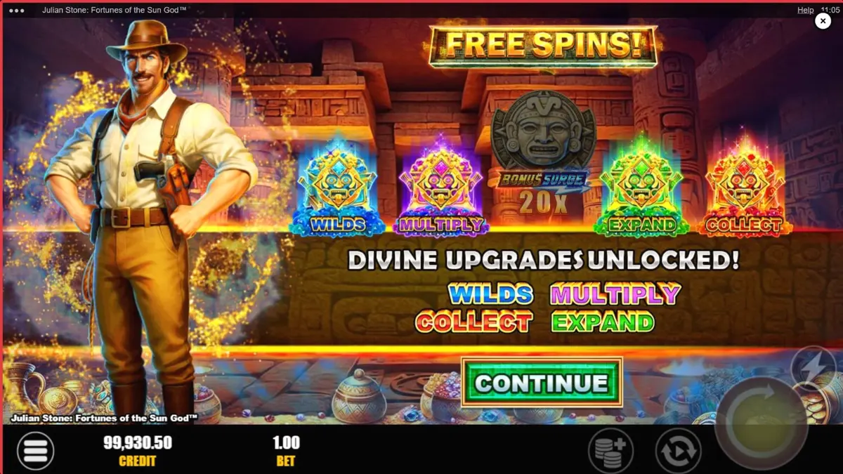 Tampilan layar permainan slot mobile Julian Stone: Fortunes of the Sun God dengan latar belakang hutan Aztec