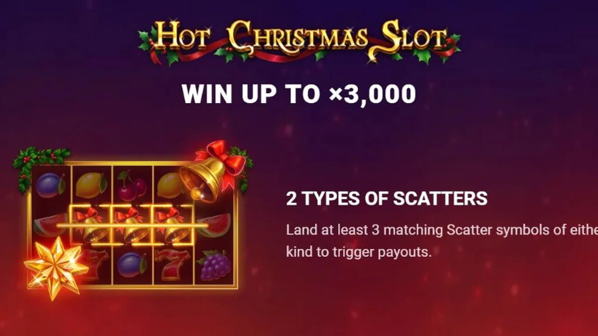 Tampilan visual slot Hot Christmas dengan simbol buah dan dekorasi liburan