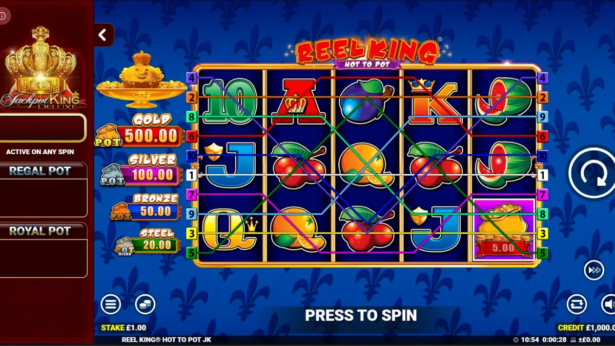 Tampilan visual slot Reel King: Hot to Pot dengan simbol mahkota dan buah-buahan klasik