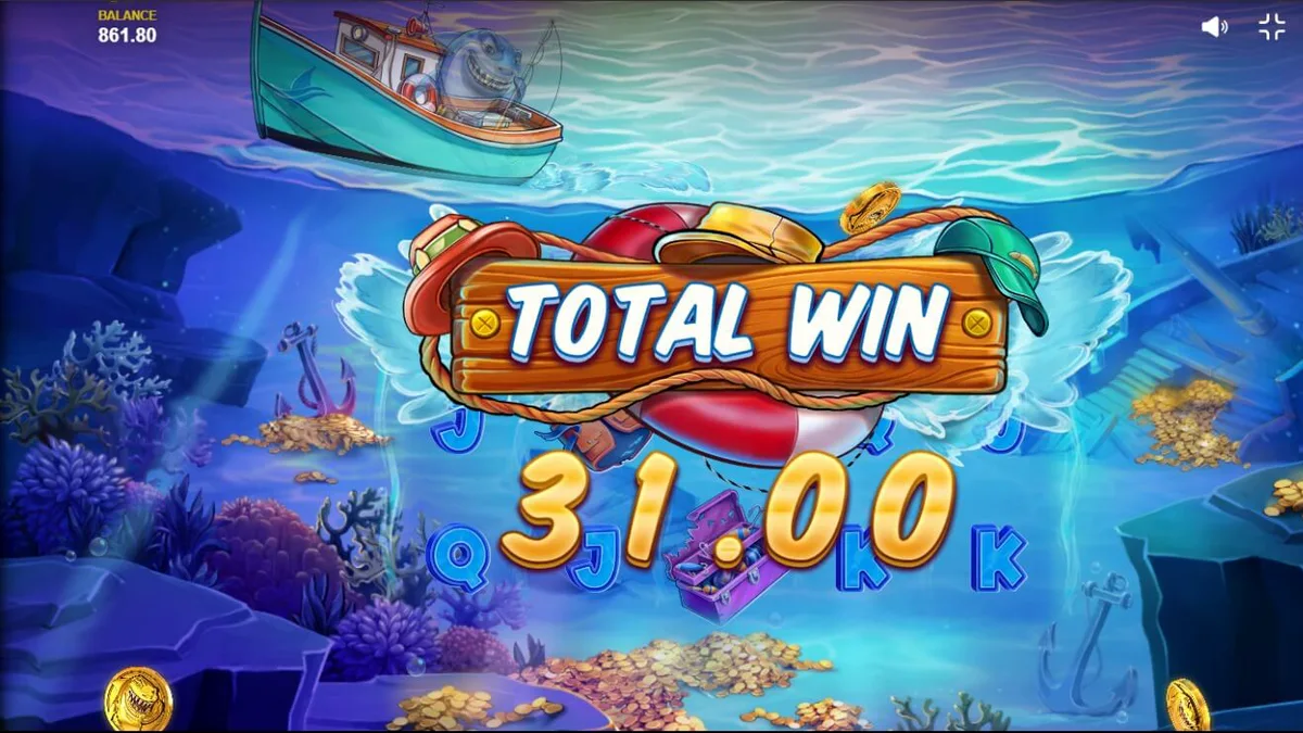 Tampilan layar utama slot Shark Boss dengan hiu di atas kapal